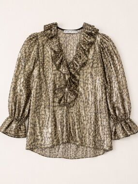 Alice + Olivia Metallic Leopard Print Silk Blend Ruffle Neck Blouse XS
